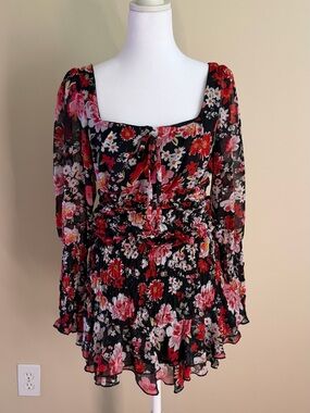 Floral Smocked Mini Dress in Black and Red